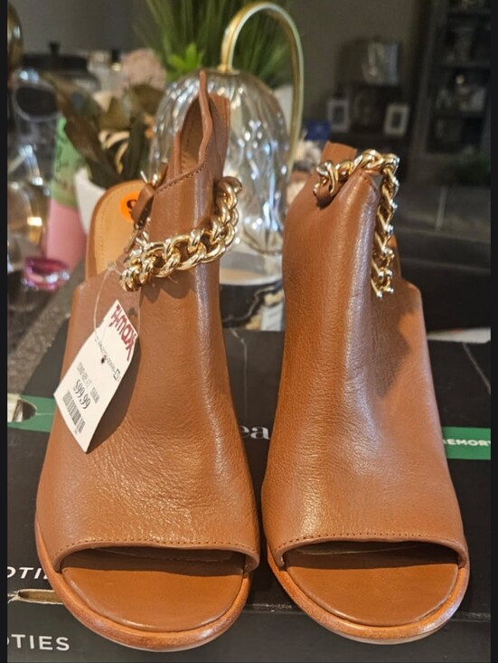 Coach Shoes - Coach Tan Leather Open-Toe Slingback Heels with Gold Chain